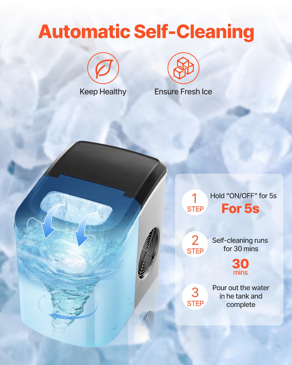 VEVOR Ice Cube Maker, 9 Ice Cubes in 6 Minutes, 15 kg in 24 Hours Portable Self Cleaning with Scoop and Ice Basket for Home, Kitchen, Office, Bar - QUORE