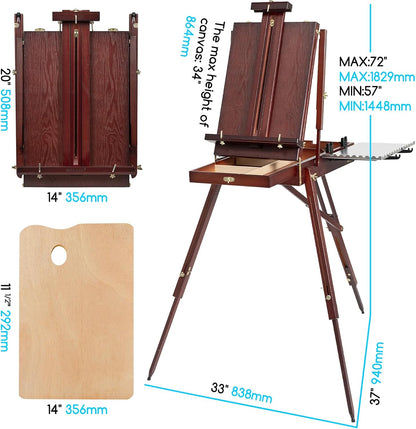 Sketchbox-Ezel Walnoot – Schildersezel, Tekenezel, Tafel-Ezel, Driepoot-Ezel – Massief Beukenhout – Dubbele Lades En Antislip Voetjes