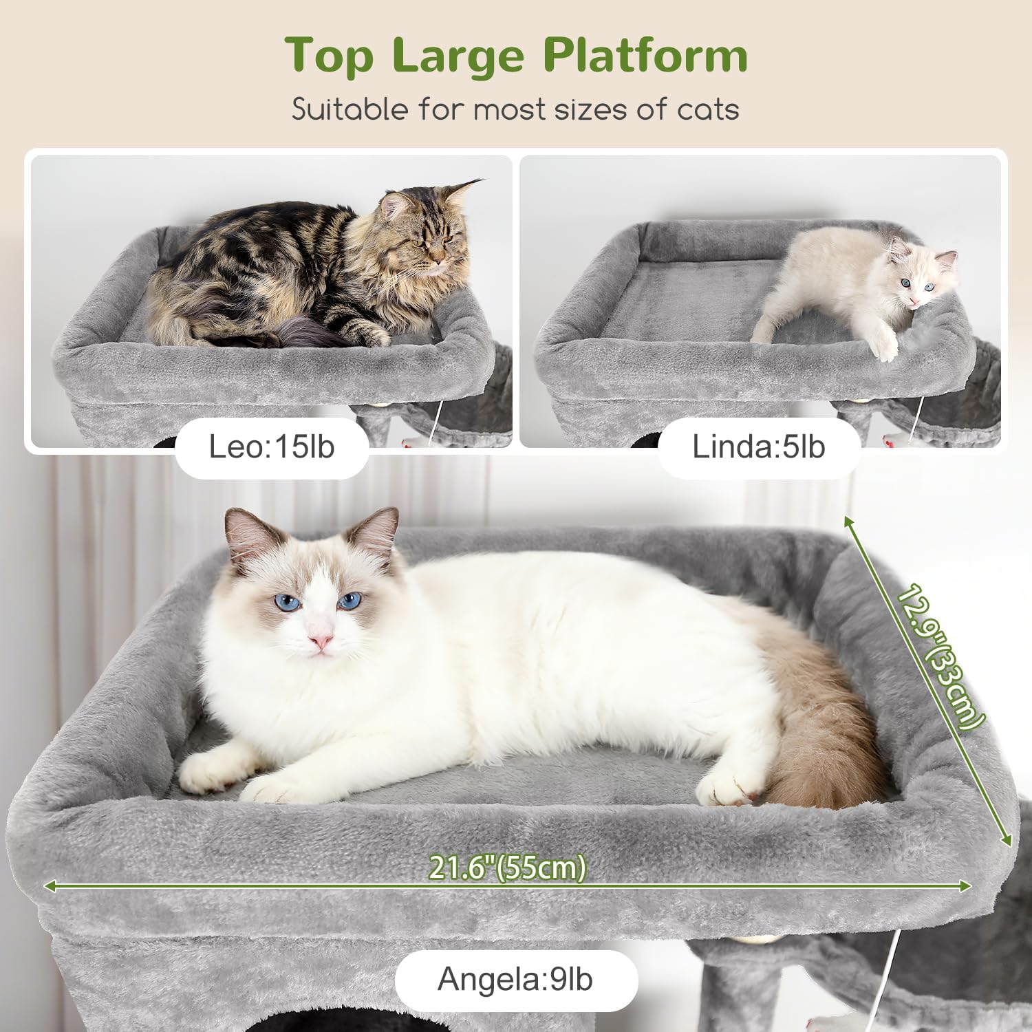 Globlazer Cat Tree Large, Scratching Post XXl high 204cm with 3 cat house, 2 Large Platform, 2 Cat Baskets Soft, Stable cat tower luxury for 3-5 Large cats Rest Play Indoor (F80F, Light grey) - QUORE
