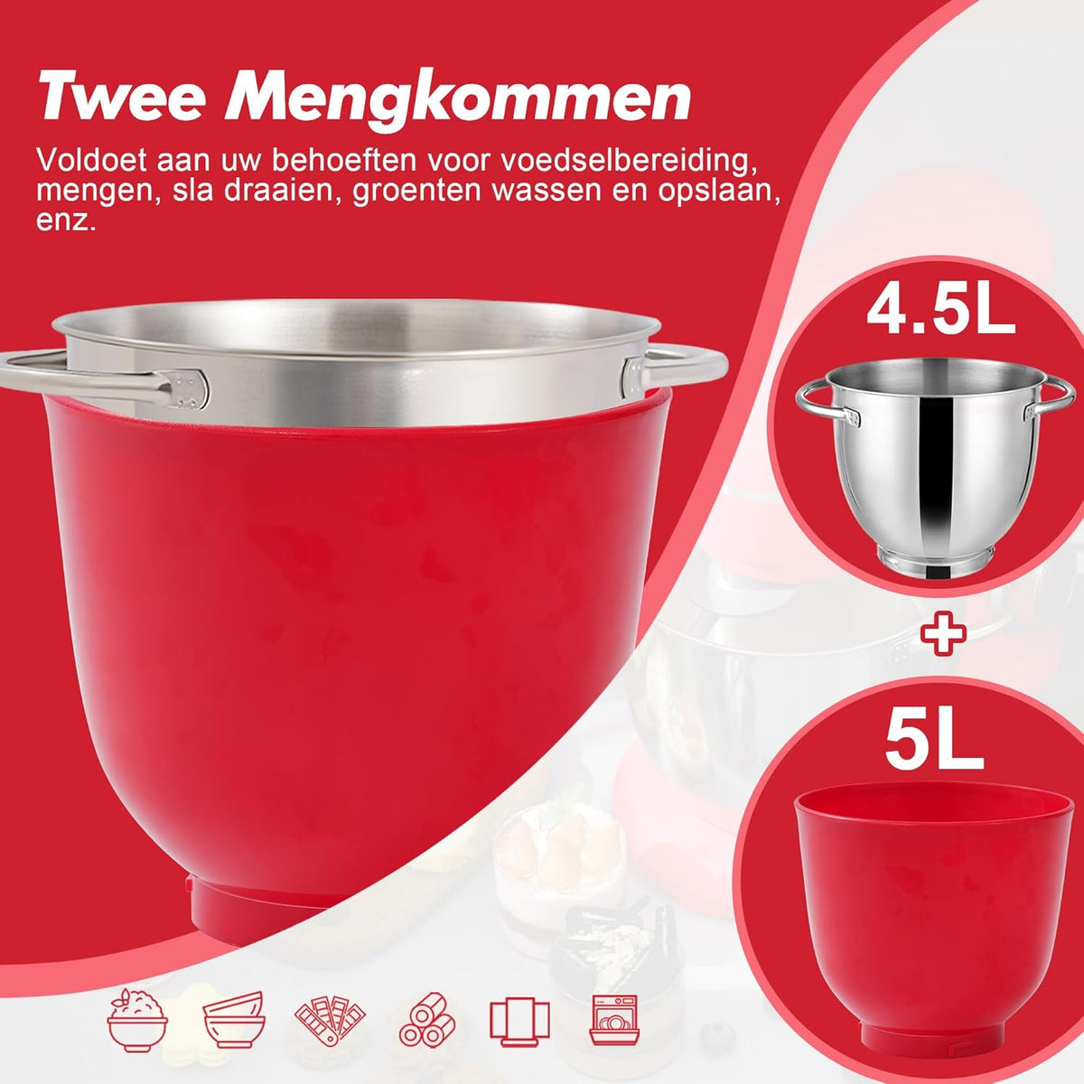 Kitchen in the Box Keukenmachine, 1300W, 10 snelheden, 4.5L + 5L mengkommen, elektrische standmixer met garde, klopper en deeghaak (Rood, 4.5L)