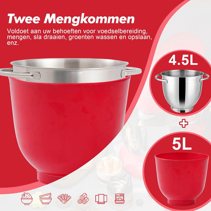Kitchen in the Box Keukenmachine, 1300W, 10 snelheden, 4.5L + 5L mengkommen, elektrische standmixer met garde, klopper en deeghaak (Rood, 4.5L)