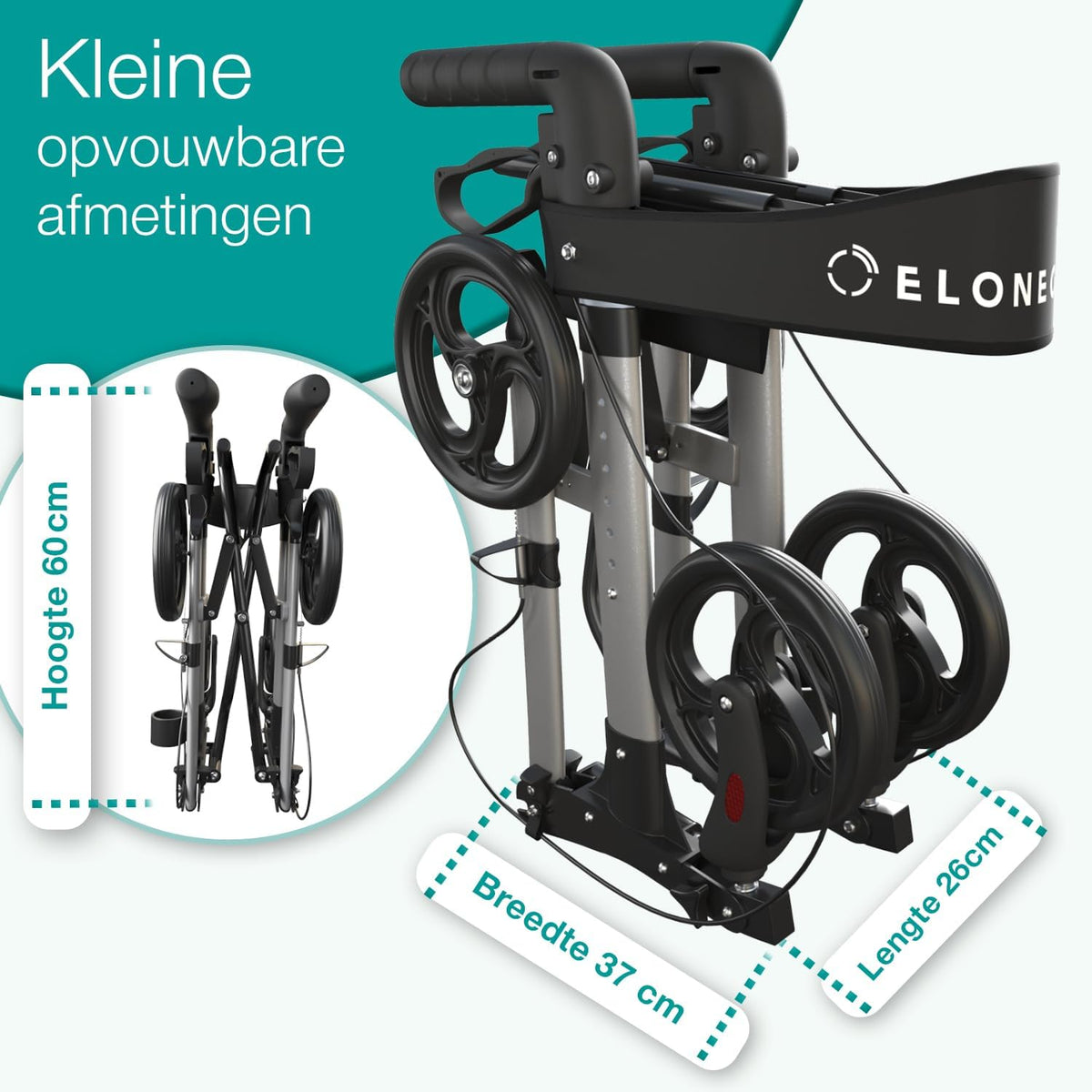 ELONEO Lichtgewicht Rollator met Zitje - Opvouwbare Aluminium Rollator voor Senioren, 8 Verstelbare Hoogtes, 3-voudig Opvouwbaar Loophulpmiddel met Tas & Parapluhouder, Past in Auto (Zilver)