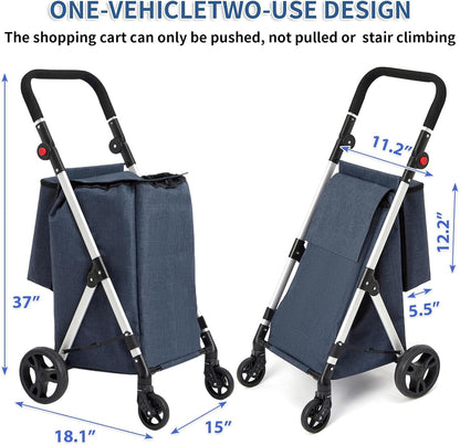Boodschappentrolley, 4 wielen aluminium winkelwagentje, 46L opvouwbare boodschappentrolley met geïsoleerde koeltas (blauw)