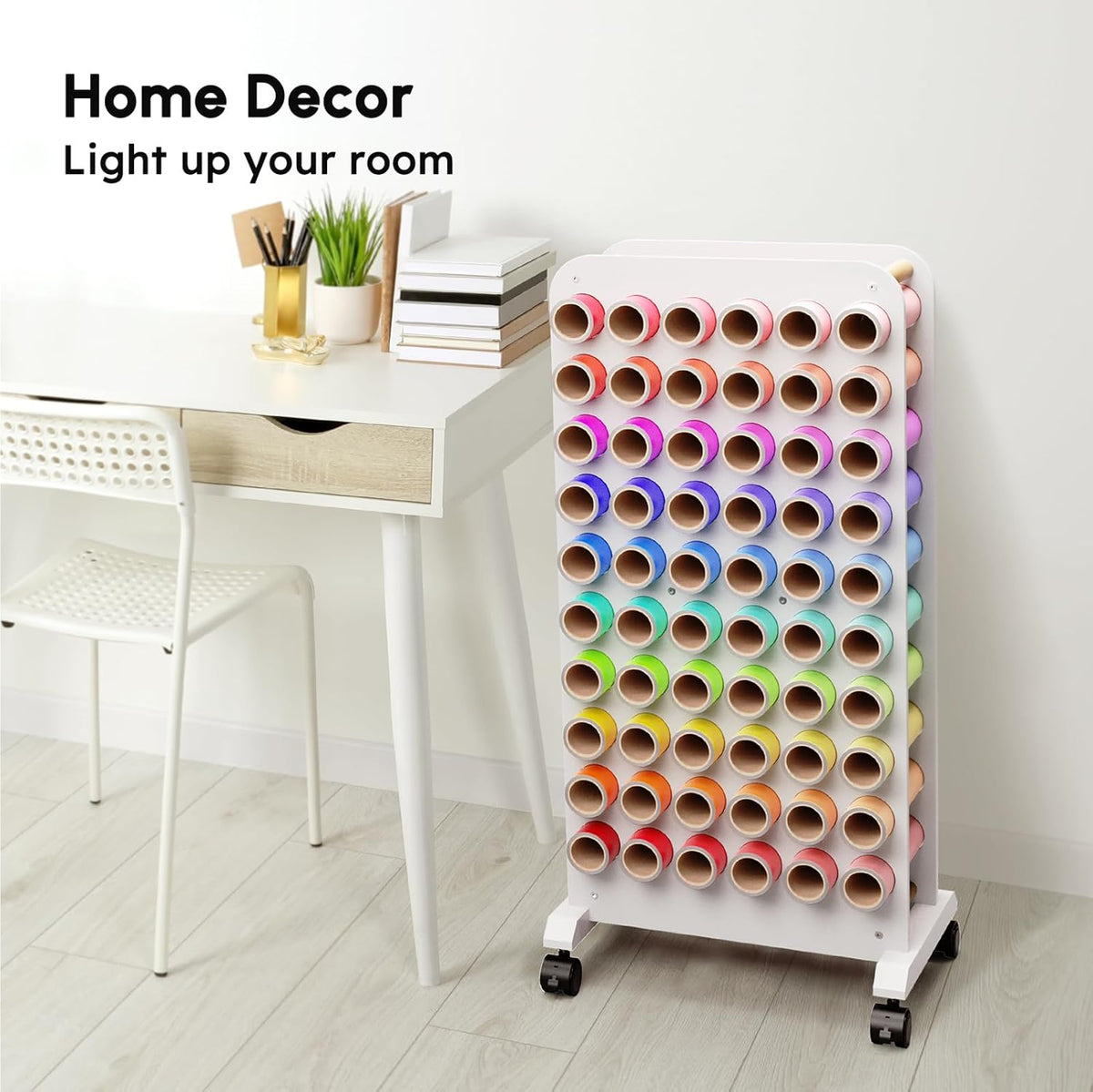 Mobiele vinyl rolhouder, 60 compartimenten vinyl opbergorganizer met vergrendelende zwenkwielen, houten vinyl rol opbergkar rek ambachtelijke opslag cadeauverpakking organizer voor thuis