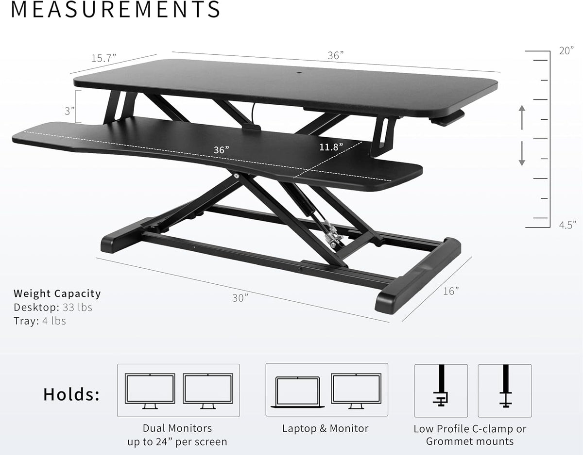 Vivo DESK-V036KB Height Adjustable Desk Attachment, Sit-Stand Dual Monitor Workstation and Laptop with Wide Keyboard Tray, Black, 36 Inch - QUORE