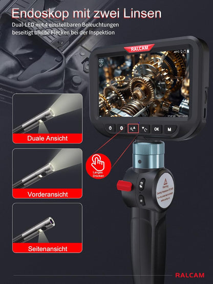 Ralcam Endoscoopcamera met licht, endoscoopcamera met 180° beweegbare kop, 6,5 mm dual-sonde, 5 inch HD-display, inspectiecamera, IP67 waterdicht, buiscamera met 1,5 m halfstijve kabel en 6 + 1 leds