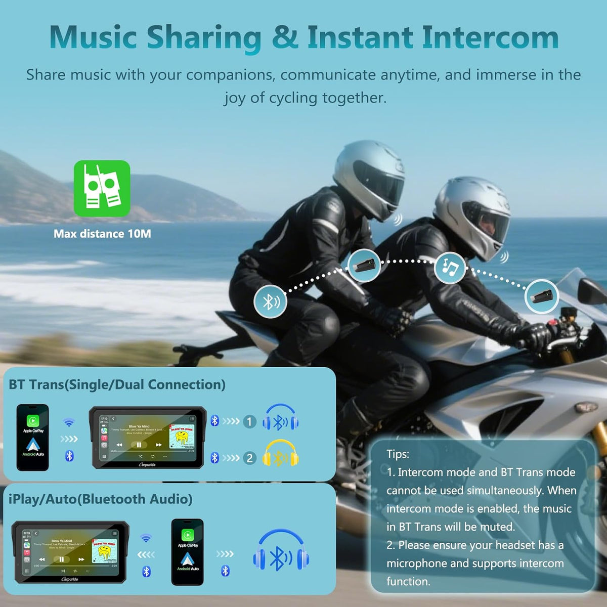 Carpuride W602S Pro Moto Carplay scherm, met BM05 voor Plug-and-Play, Wireless CarPlay & Android Auto, 6 inch waterdicht touchscreen, Dual Bluetooth, Intercom Functie, Wired Controller, OTA, Navigatie