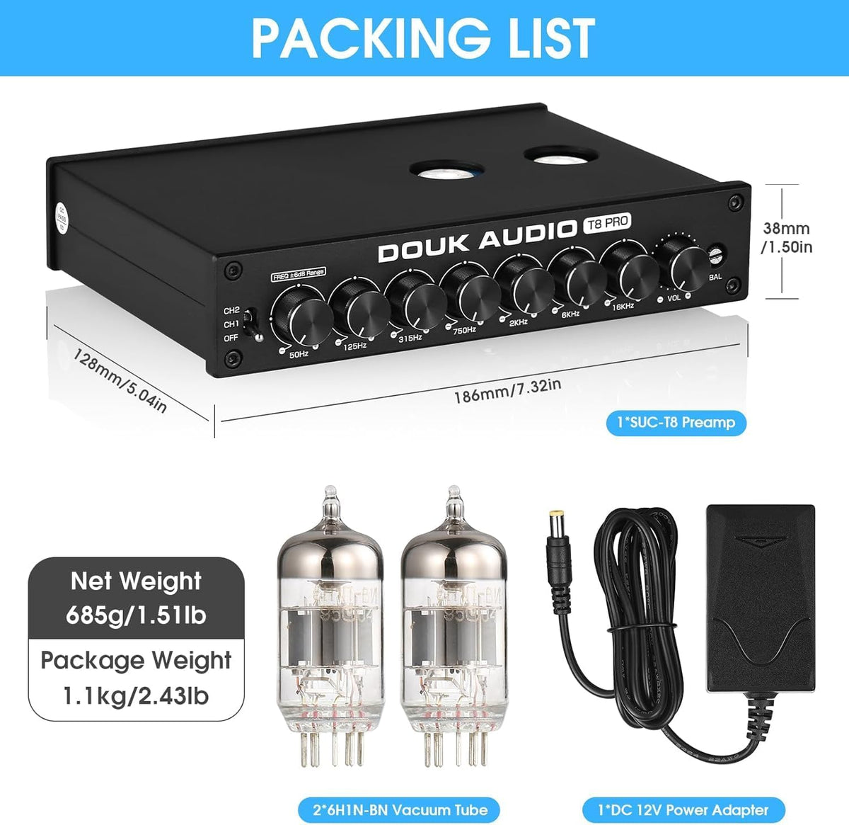 Douk Audio HiFi vacuümbuizen, equalizer, 7-band, EQ-voorversterker, XLR Preamplifier Home (T8 PRO)
