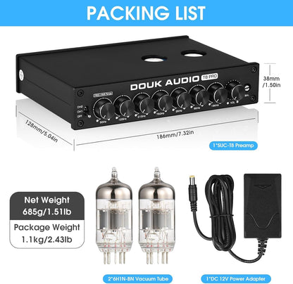 Douk Audio HiFi vacuümbuizen, equalizer, 7-band, EQ-voorversterker, XLR Preamplifier Home (T8 PRO)