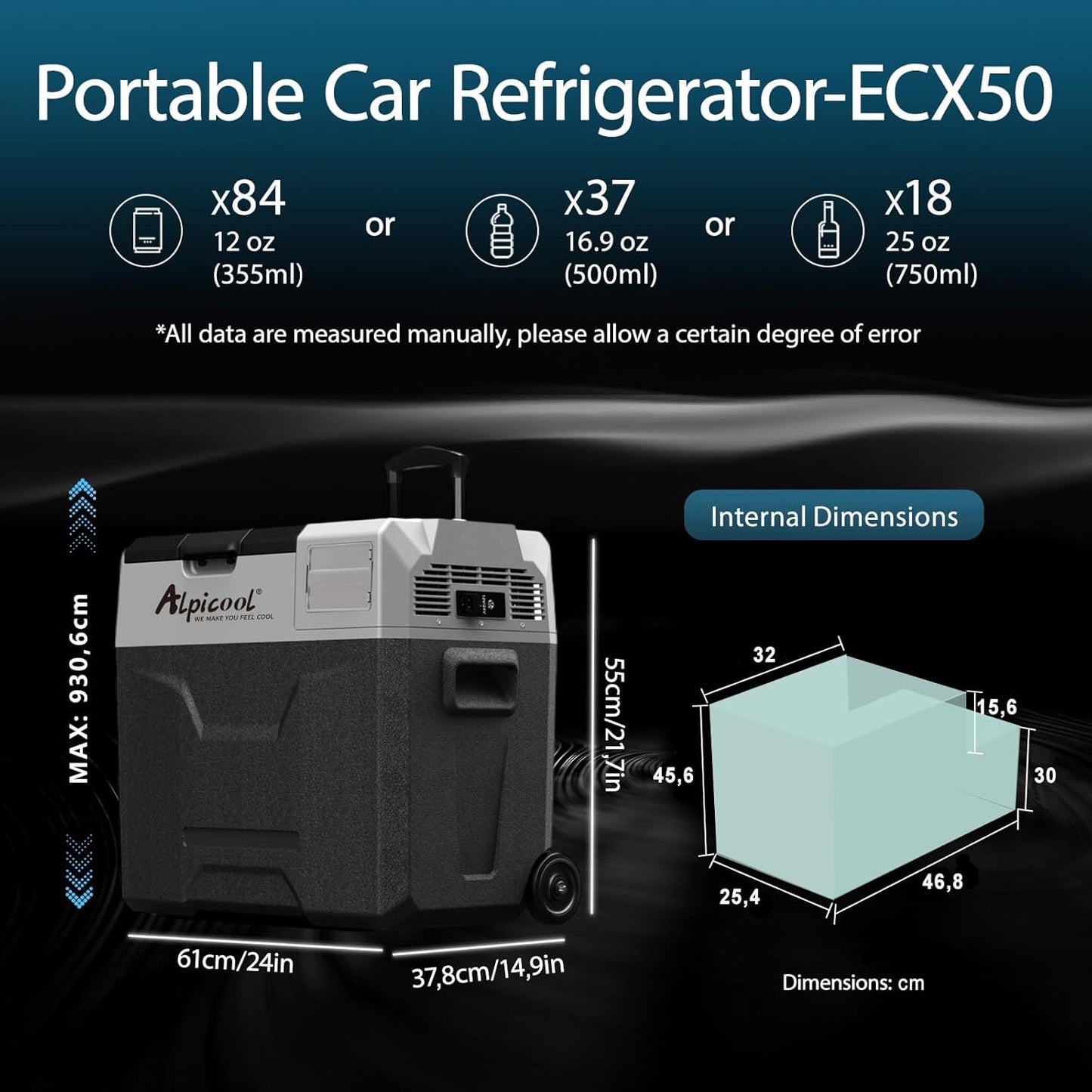 Alpicool ECX50 Compressor-koelbox, 50 liter, 12 V koelbox, elektrische draagbare autokoelkast voor camping met USB-aansluiting, telescoopstang, wiel, oplaadbaar (batterij niet inbegrepen)