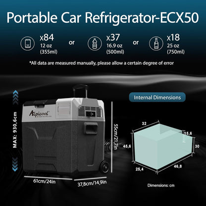 Alpicool ECX50 Compressor-koelbox, 50 liter, 12 V koelbox, elektrische draagbare autokoelkast voor camping met USB-aansluiting, telescoopstang, wiel, oplaadbaar (batterij niet inbegrepen)