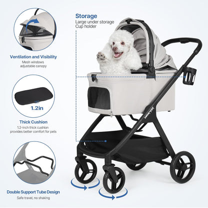 Beberoad Pets X-5 Huisdierbuggy voor middelgrote honden onder 25 kg of 2 kleine honden en katten, inklapbaar en met draagtas, afneembare grijze kap en bekerhouder (grijs, X5)