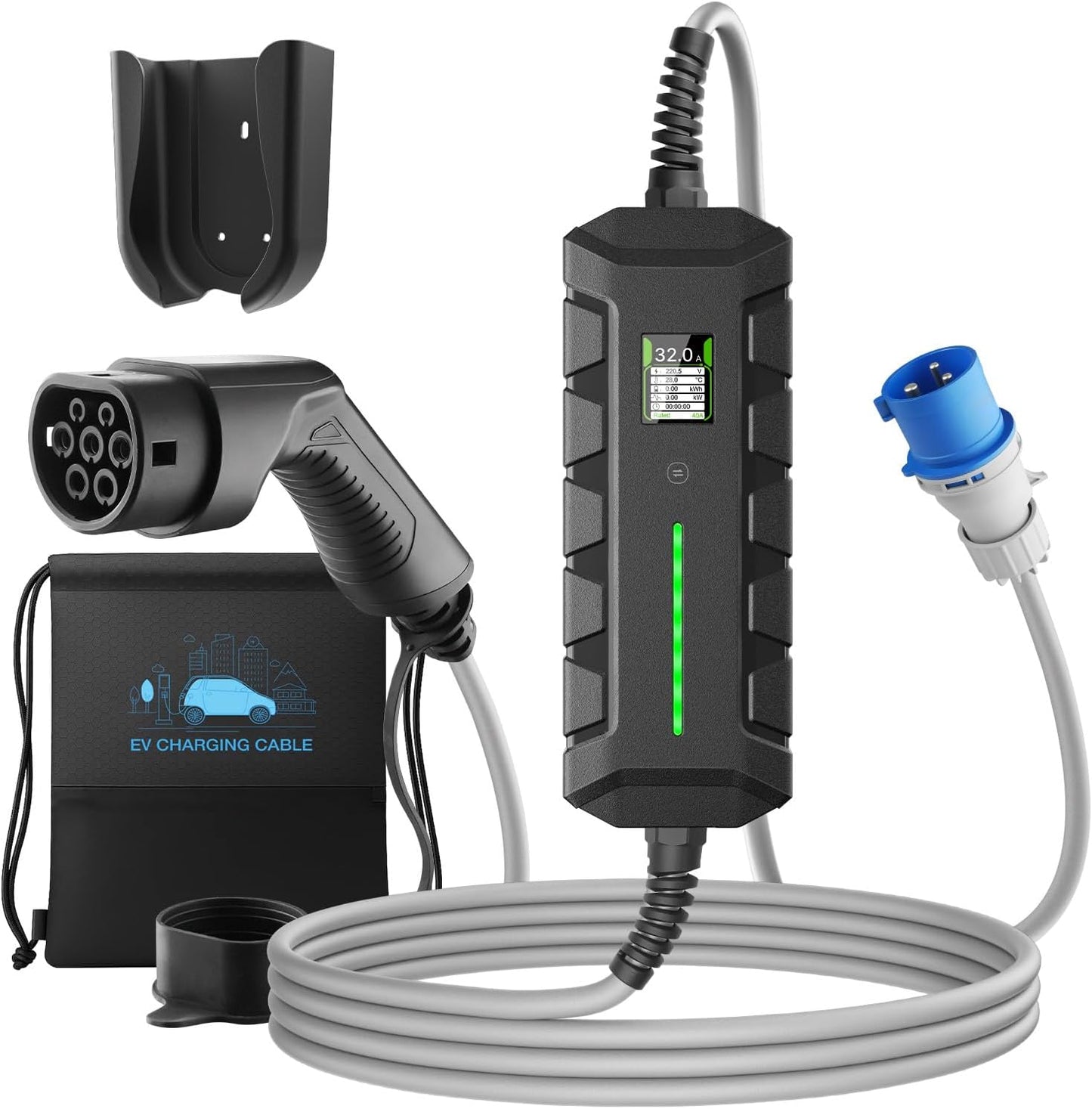 1-fase EV oplader type 2 Mobile Wallbox 7,2 KW met 32A CEE stekker, 1-fase EV oplader met 6 m laadkabel, IP66 waterdicht mobiel laadstation voor EV PHEV draagbare tassen