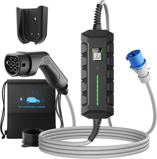 1-fase EV oplader type 2 Mobile Wallbox 7,2 KW met 32A CEE stekker, 1-fase EV oplader met 6 m laadkabel, IP66 waterdicht mobiel laadstation voor EV PHEV draagbare tassen