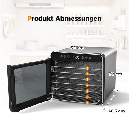FANTASK Voedseldroger met 7 roestvrijstalen schalen, droogautomaat met 24-uurs timer en temperatuur van 30-75 °C, 600 W droogmachine voor vlees, groenten en fruit, 34 x 40,5 x 32 cm