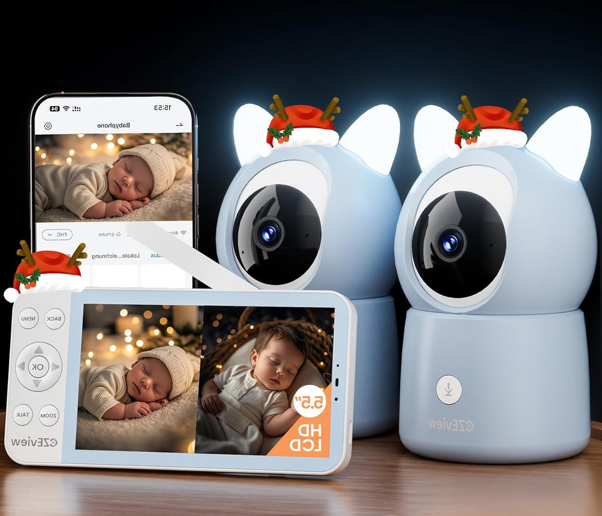 Babyfoon – Baby monitor – Kinderbewaking – Babyscanner – Babykijker – Met 2 Camera’s Blauw – 2.5K HD Resolutie – 5,5 Inch HD Scherm