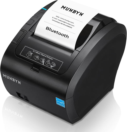 MUNBYN Bluetooth Bonprinter, Thermische Printer Mfi, USB/LAN/Seriële Poorten, Compatibel met iOS, Android, MacOS, Windows, Linux, Chrome, met Olie- en Spatbestendig Deksel