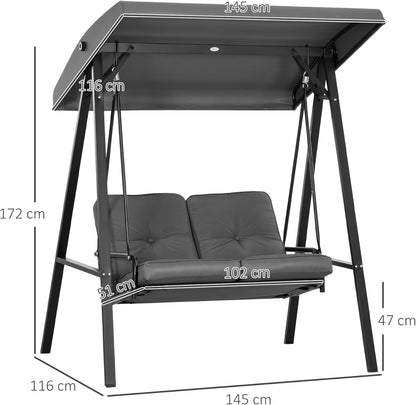 Tuinschommel 2-Persoons – Schommelbank – Tuinbank – Buitenbank – Zitschommel – Verstelbare Zonneluifel – Gepoedercoat Stalen Frame – Comfortabele Dikke Kussens – Donkergrijs