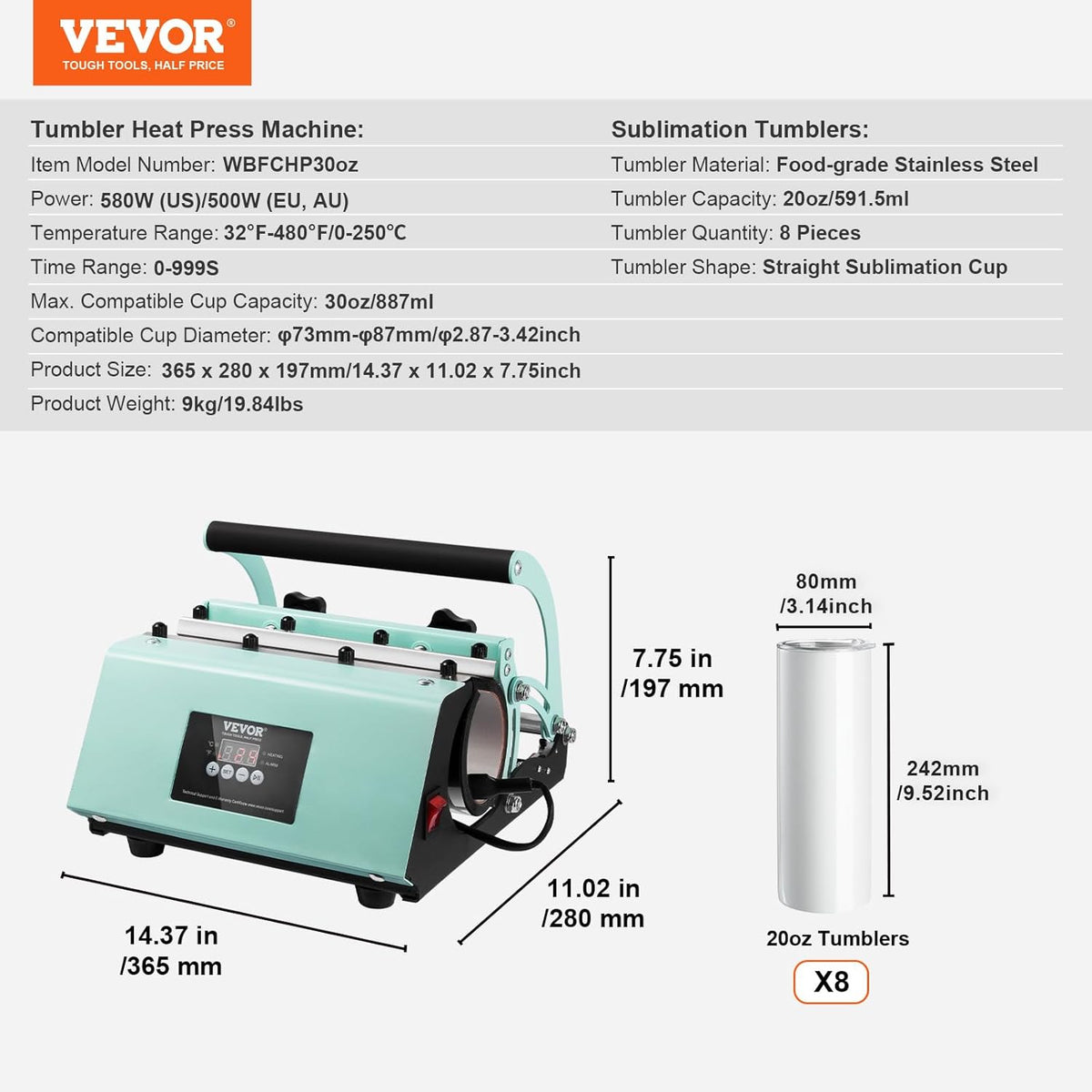 VEVOR Warmtepersmachine voor glazen, glaspers set met 8 lege glazen, mokkenpers voor maximaal 887 ml glazen met warmteoverdrachtspapier, handschoenen, band