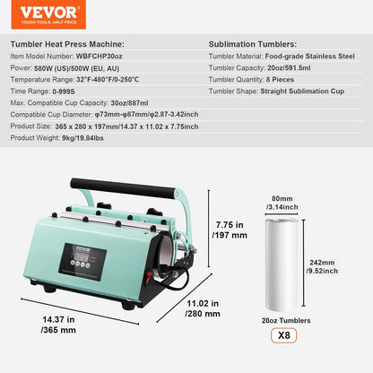 VEVOR Warmtepersmachine voor glazen, glaspers set met 8 lege glazen, mokkenpers voor maximaal 887 ml glazen met warmteoverdrachtspapier, handschoenen, band