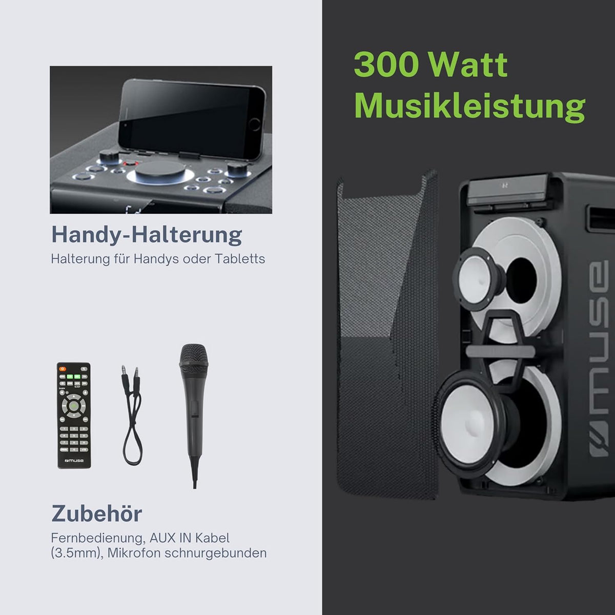 Muse DJ PA-installatie met accu, 300 watt, met cd, bluetooth en lichteffecten (USB, AUX, microfoon, afstandsbediening), zwart