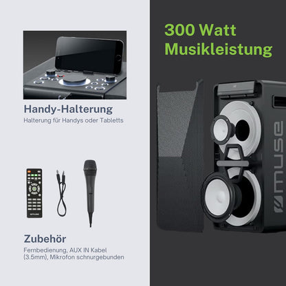 Muse DJ PA-installatie met accu, 300 watt, met cd, bluetooth en lichteffecten (USB, AUX, microfoon, afstandsbediening), zwart