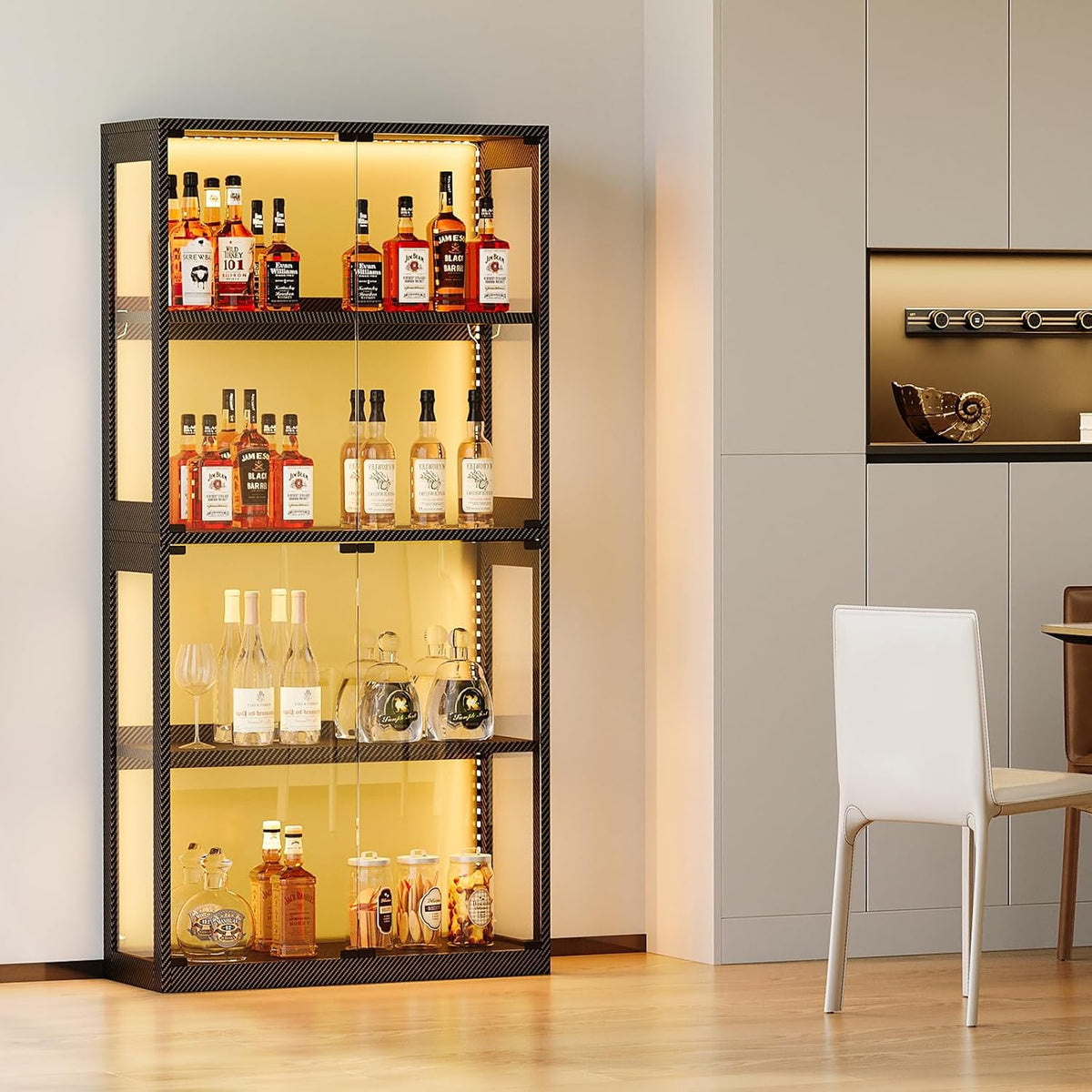 Glazen vitrine zwart – vitrinekast – displaykast – etalagekast – presentatiekast – 4 glazen planken – geïntegreerde ledverlichting