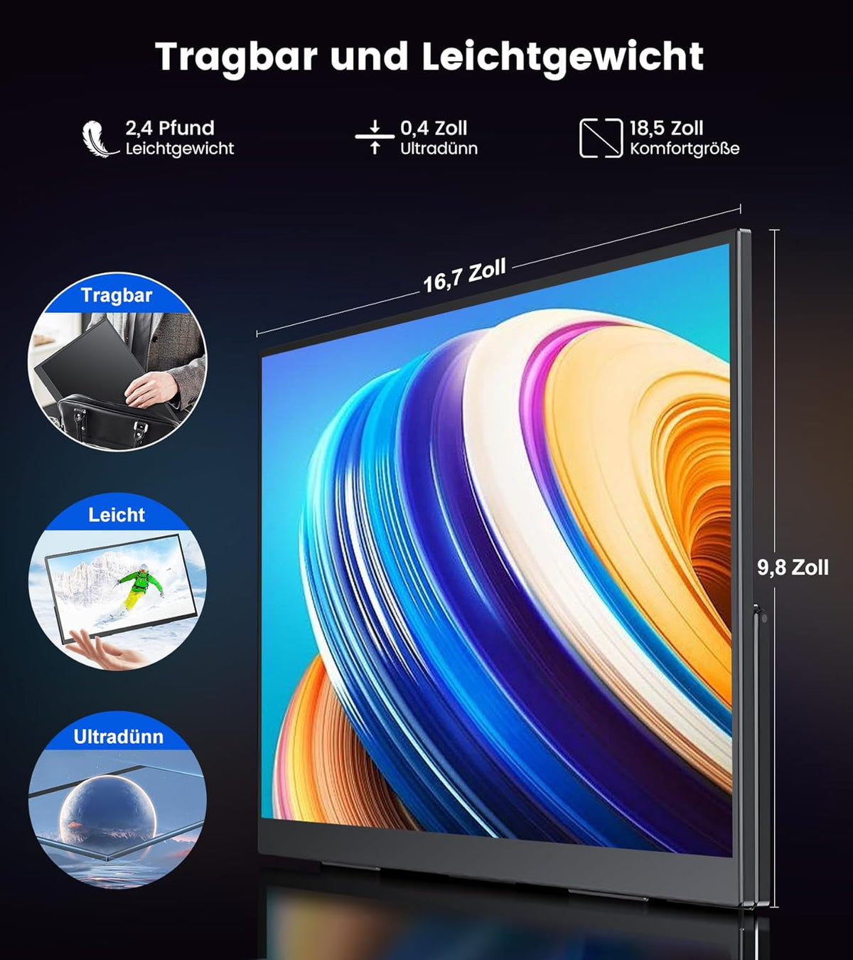 Portable monitor 18.5 inch FHD 1920 x 1080 with integrated holder, USB C Mini HDMI for laptop/smartphone/Xbox, VESA compatible (185B) - QUORE