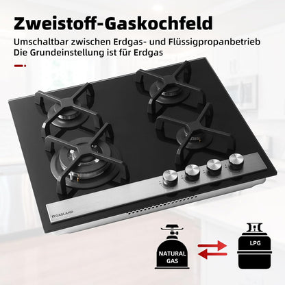 Gaskookplaat – Glazen Kookplaat – Inbouwkookplaat – Gasfornuis – Fornuis – 4 Vlammen – Wokbrander – 60 cm – 8000 Watt