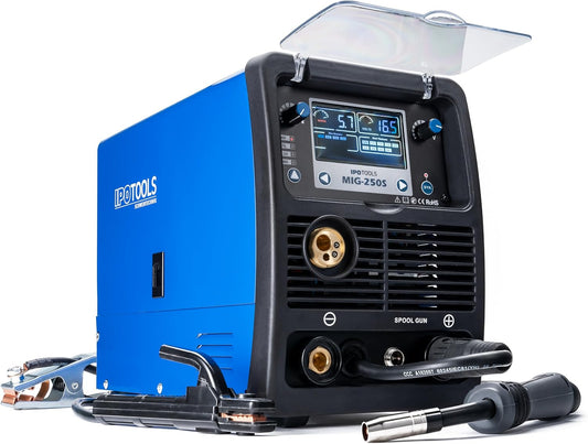 IPOTOOLS MIG-250S 5-in-1 MIG MAG lasapparaat - Synergic beschermgas lasapparaat met 250 ampère FLUX vuldraad-lasapparaat zonder gas, geschikt voor elektroden, E-hand, digitaal, IGBT, 230 V