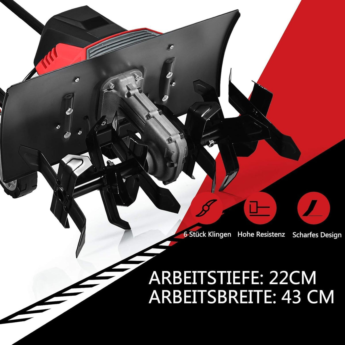 FANTASK 1500 W elektrische grondhak met 6 hakmessen, vloerfrees, tuinfrees, 43 cm werkbreedte en 22 cm werkdiepte 400 omw/m