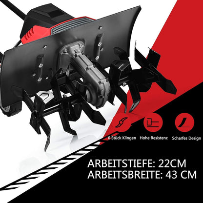 FANTASK 1500 W elektrische grondhak met 6 hakmessen, vloerfrees, tuinfrees, 43 cm werkbreedte en 22 cm werkdiepte 400 omw/m