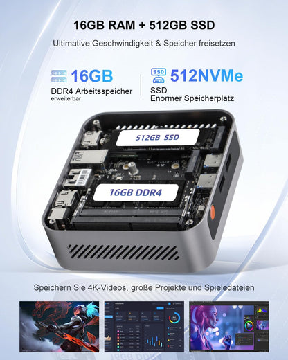 Ninkear Mini-pc met AMD Ryzen 7430U tot 4,9 GHz, 16 GB RAM 512 GB SSD, ondersteunt PS3 Emulator Gaming, ultrastil, Triple 4K-display, WiFi6E, mini-computer voor kantoor en thuiskantoor
