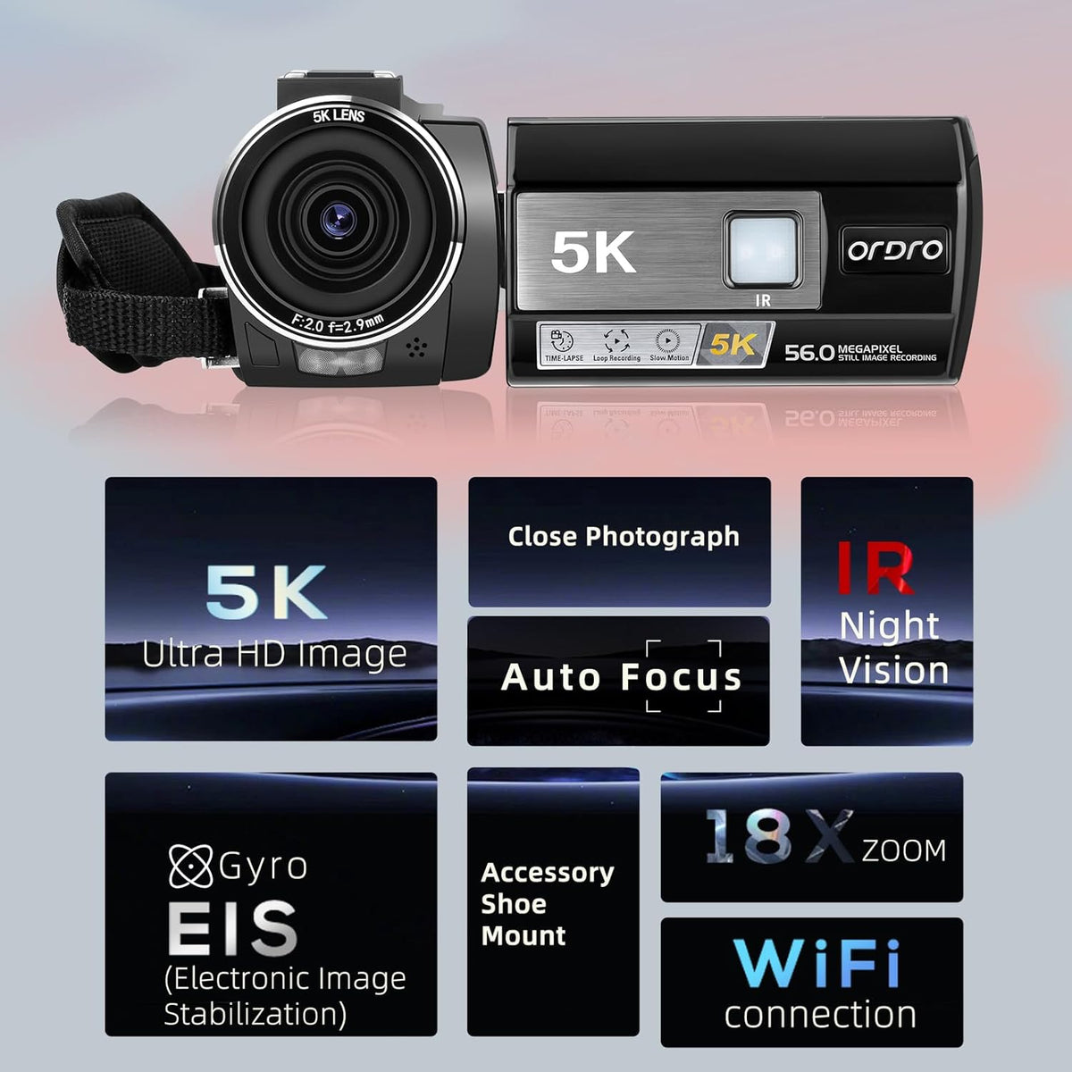 Videocamera – Camcorder – Vlogcamera – YouTube Camera – Digitale Camera – 5K/25 fps en 56 MP – 95° Groothoek met 2 Oplaadbare Batterijen