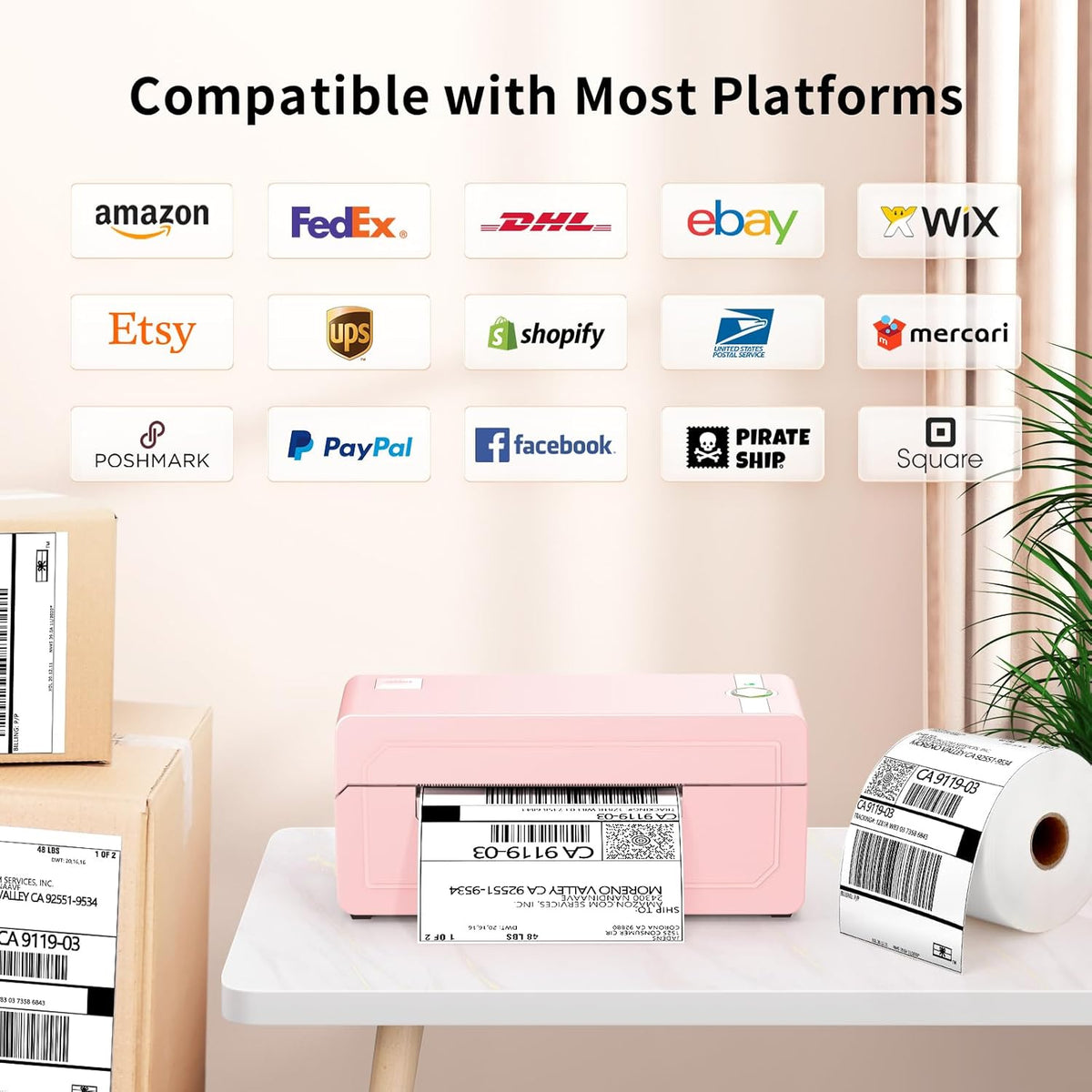 JADENS Bluetooth thermische labelprinter 4x6, roze draadloze verzendlabelprinter voor kleine bedrijven en pakketten, compatibel met iOS, Android, Mac, Windows, Amazon, Etsy, Ebay, Shopify