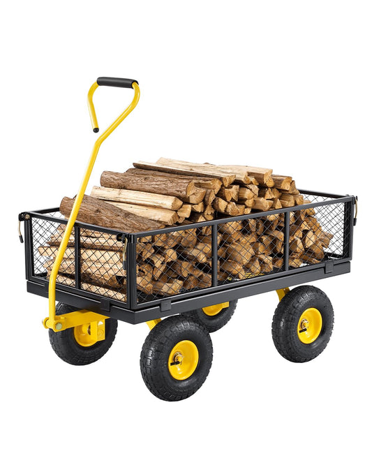 VEVOR 900lbs Heavy Duty Steel Garden Cart, Garden Wagon Cart on Wheels, Outdoor Metal Yard Utility Wagon Carts with 10" Tires and Mesh Removable Sides (Convert to Flatbed) and 180° Rotatable