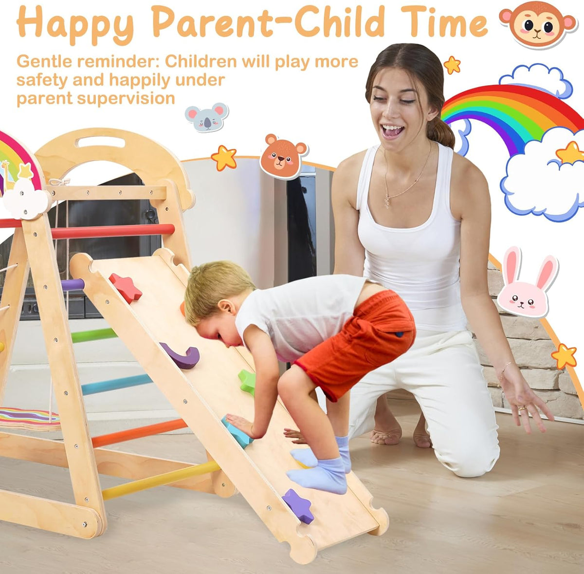 Montessori Klimrek, 5-in-1 indoor speelplaats voor kinderen, met schommel, boog, glijbaan en klimtouw