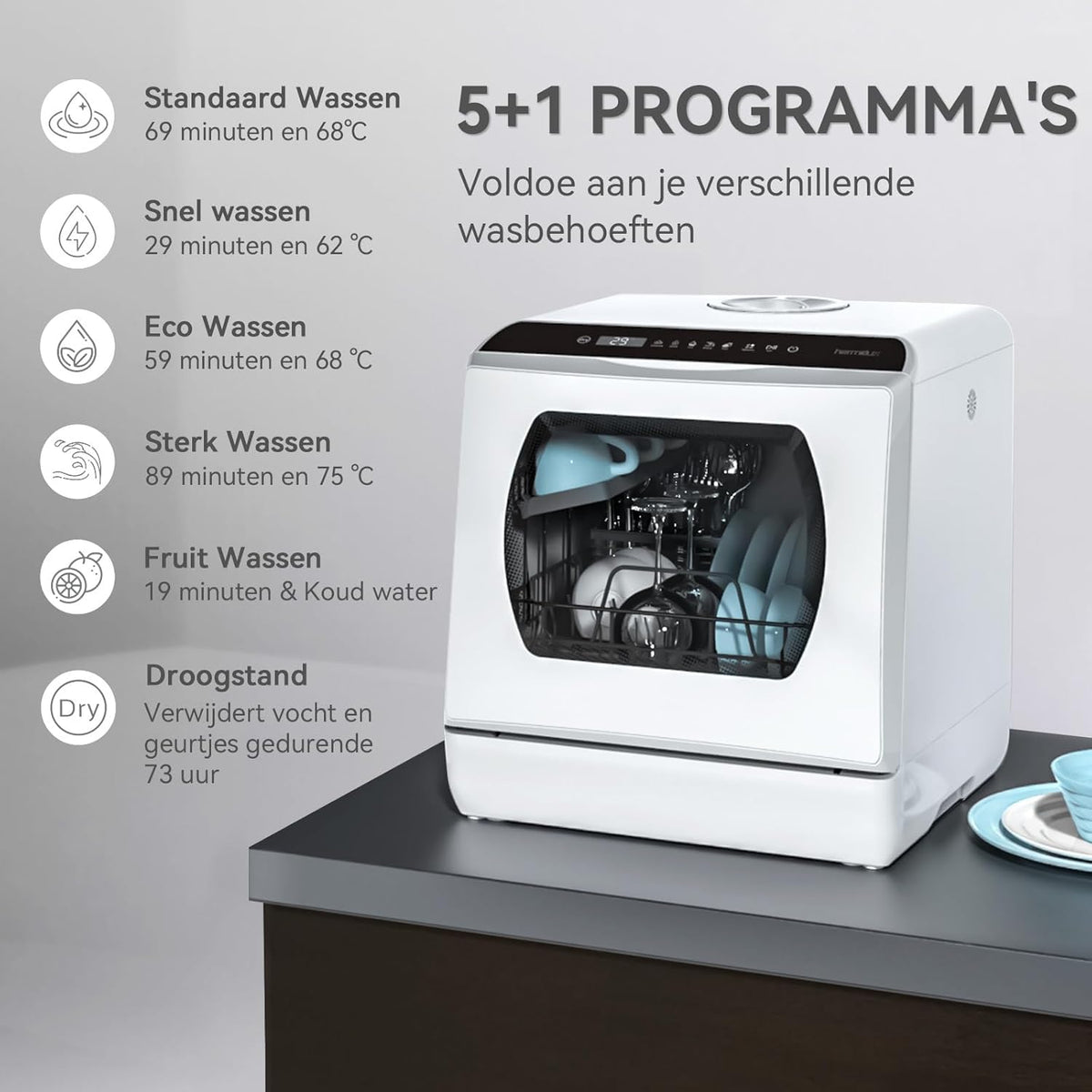 Mini Dishwasher, Table Dishwasher, Use with and without Water Connection, 43 cm Wide, Space for 4 Place Settings, for Camping Use 175 kWh/Year, White - QUORE