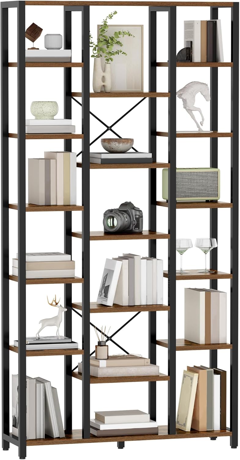 Hzuaneri bookshelf, bookcase with 7 levels and 18 open shelves, adjustable storage cabinet for living room and home office, 30 x 100 x 200 cm, Rustic Brown and Black, BC15601B