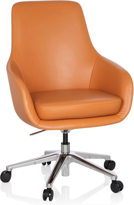 hjh OFFICE Bareno 600981 loungestoel, echt leer, oranje, hoogwaardige draaistoel, comfortabel gevoerd