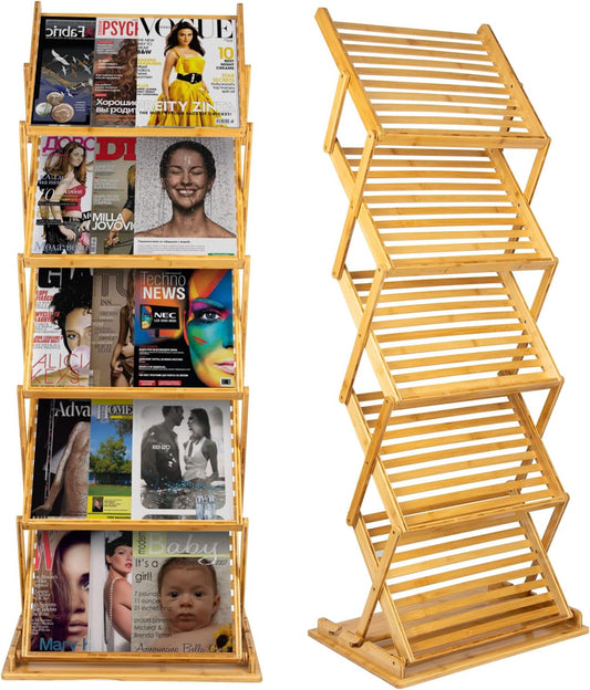 Opvouwbare Brochurestandaard – Tijdschriftenrek – Brochurehouder – Folderrek – Literatuurrek – 5 Vakken Bamboe – Verstelbare Hoogte 99/145 cm