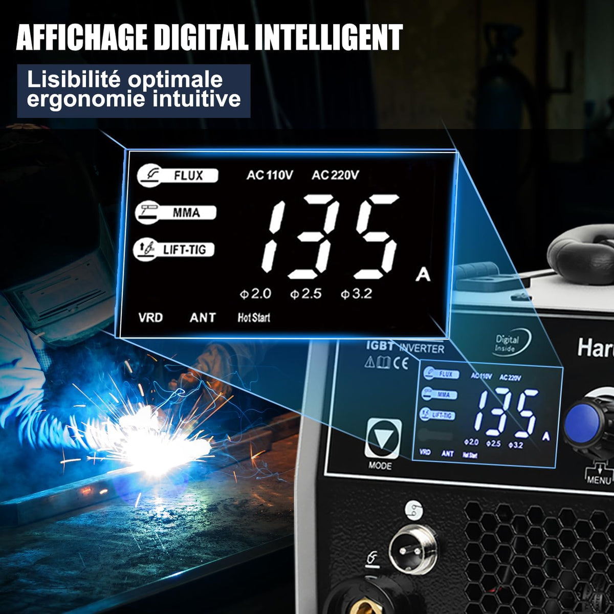 Harukiku135 lasapparaat zonder gas met gevulde draad, 3-in-1 Multiproces Lastoestel (Flux Core MIG/MMA/Lift TIG) met Synchrone Draadaanvoer, Compacte IGBT Inverter voor Professionals & Doe-het-zelvers