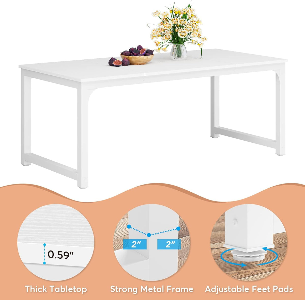 Tribesigns Dining Table, 180 x 80 cm, Industrial Kitchen Table for 6-8 People, Rectangular Dining Table for Dining Room, Kitchen, Living Room, with Robust Metal Legs (White)