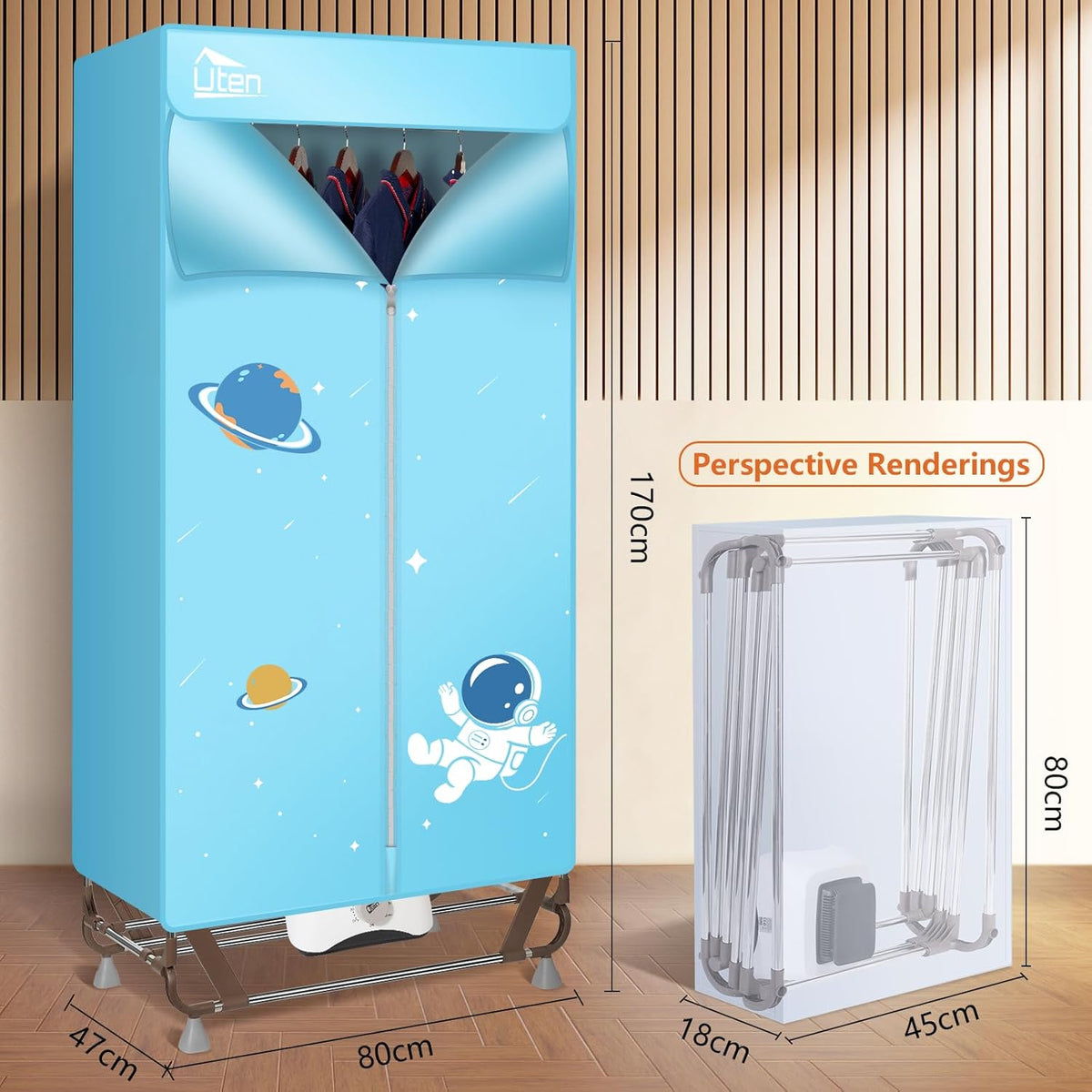 Elektrische Draagbare Wasdroger – Kledingkast – Droogmachine – Wasrek – Geen Installatie Nodig – Grote Capaciteit 170 cm – 1500 W – Blauw