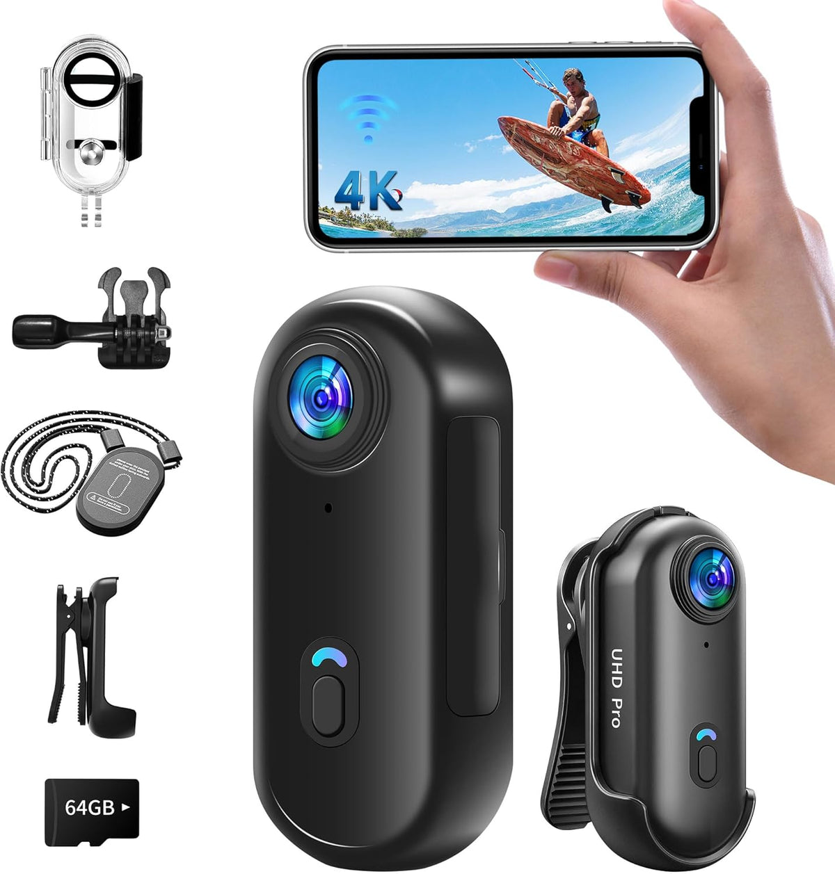 Mini Action Cam WiFi, 4K onderwatercamera, waterdicht tot 30 m, met 64G geheugenkaart, handsfree POV, overal te bevestigen, 360° helmcamera, motorfiets, fiets, bodycam, lichaamscamera