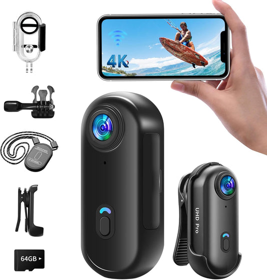 Mini Action Cam WiFi, 4K onderwatercamera, waterdicht tot 30 m, met 64G geheugenkaart, handsfree POV, overal te bevestigen, 360° helmcamera, motorfiets, fiets, bodycam, lichaamscamera