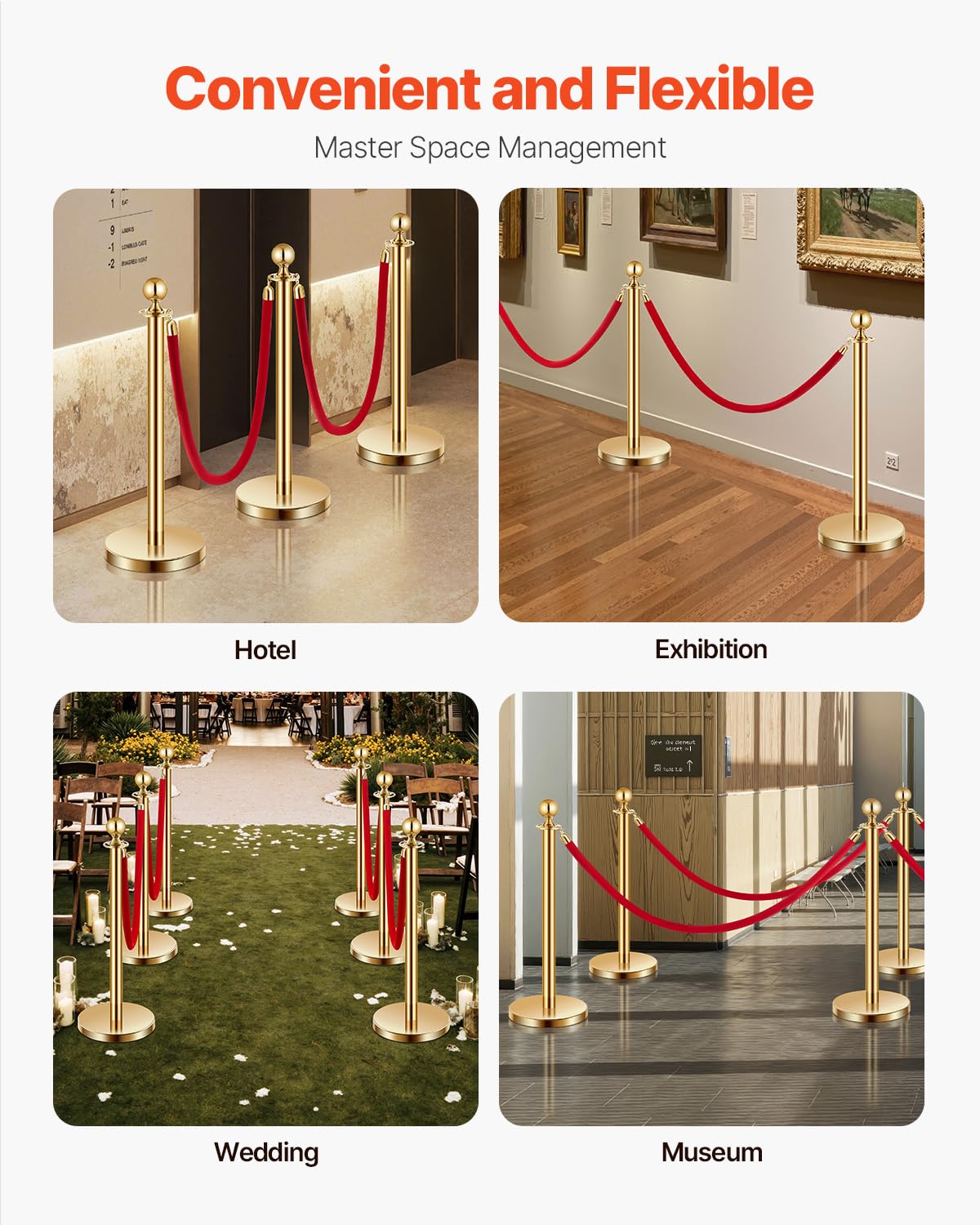 VEVOR Closing posts locking (6 pieces) for controlling crowds with 4 red velvet ropes (1.5 m long), stainless steel closing stand with refillable base for exhibitions gold