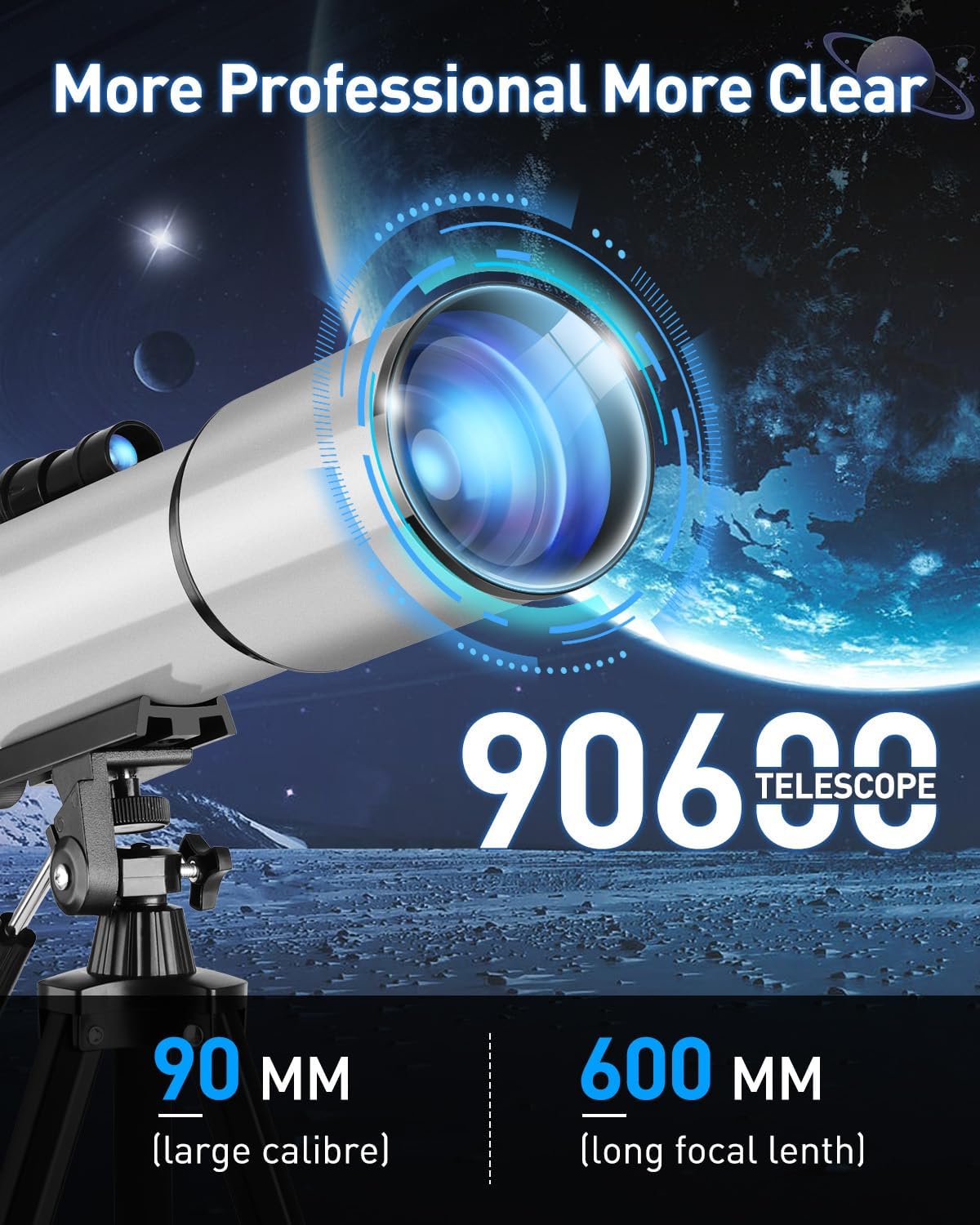 Telescoop 90/600 mm astronomie refractor met aluminium statief - complete set met 2 oculairs (10 mm & 25 mm), 3 x Barlow lens, smartphone-adapter en draagtas