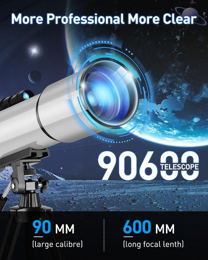 Telescoop 90/600 mm astronomie refractor met aluminium statief - complete set met 2 oculairs (10 mm & 25 mm), 3 x Barlow lens, smartphone-adapter en draagtas