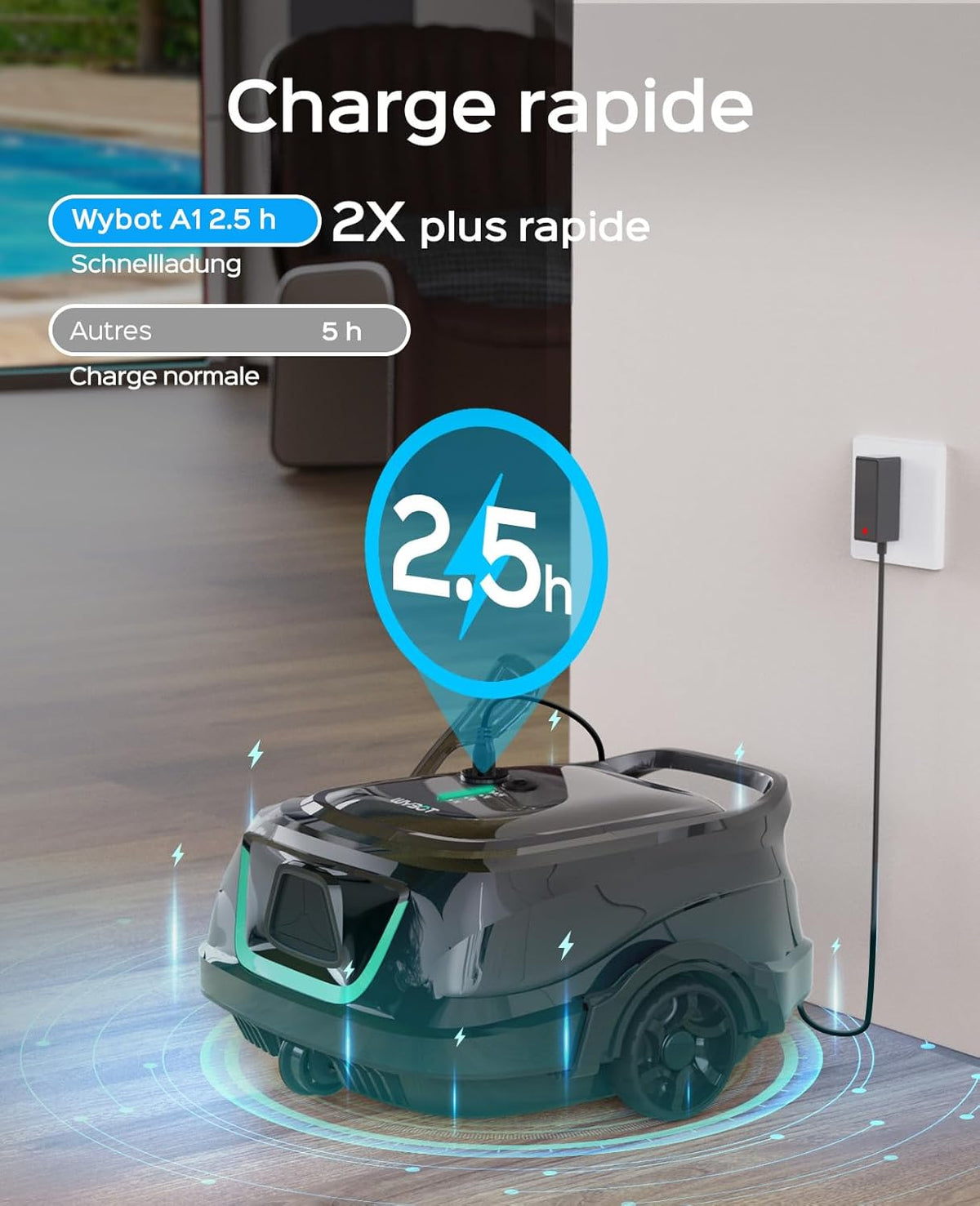 WYBOT A1 Zwembadrobot-accu met dubbel filtersysteem, 120 minuten, ultrastille reiniging voor zwembaden van 100 m², energiebesparend systeem en draadloze zwembadstofzuiger, mat, zwart-groen